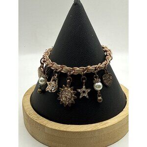 Vintage Rose Gold Charm Bracelet With Sun & Star Pendants And Faux Pearl Accents